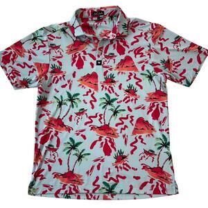 Bad Birdie Golf Polo Colorful Red Tropical Palm Print Blue Base Sz L